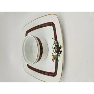 Vintage Georges Briard Christmas Glass Chip and Dip Bowl Tartan Gold French Horn